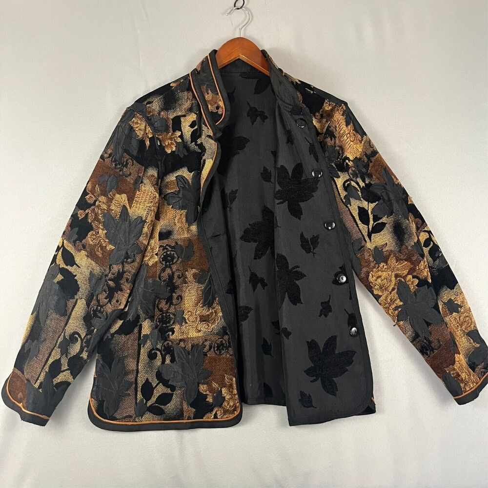 Women Reversible Tapestry Jacket Mrd Brown Fall Leaves‎ Coat Cottage Countryside